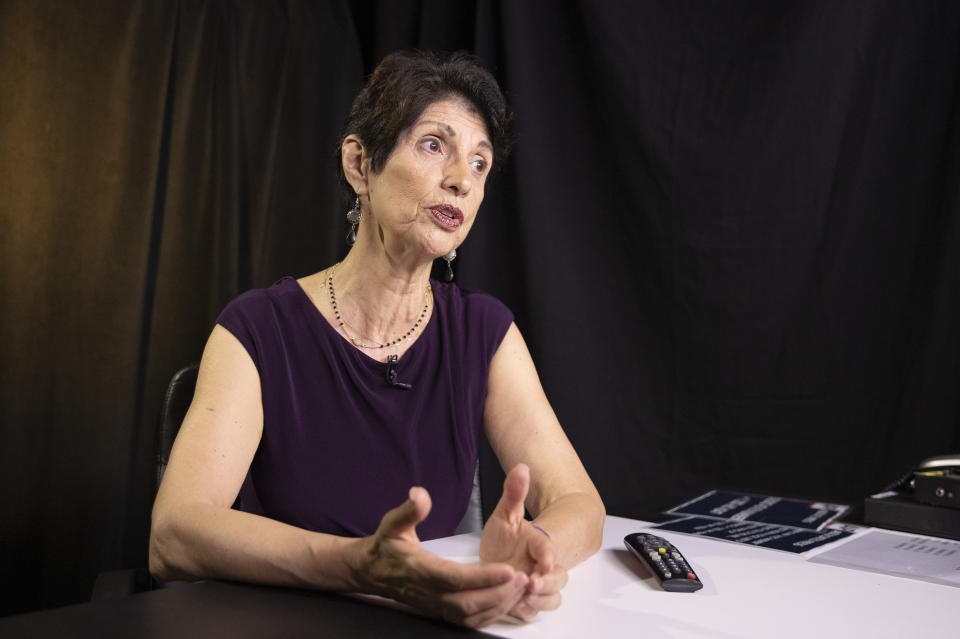 In this June 19, 2019, photo, Diane Foley, mother of journalist James Foley, who was killed by the Islamic State terrorist group in a graphic video released online, speaks to the Associated Press during an interview in Washington. (AP Photo/Manuel Balce Ceneta)