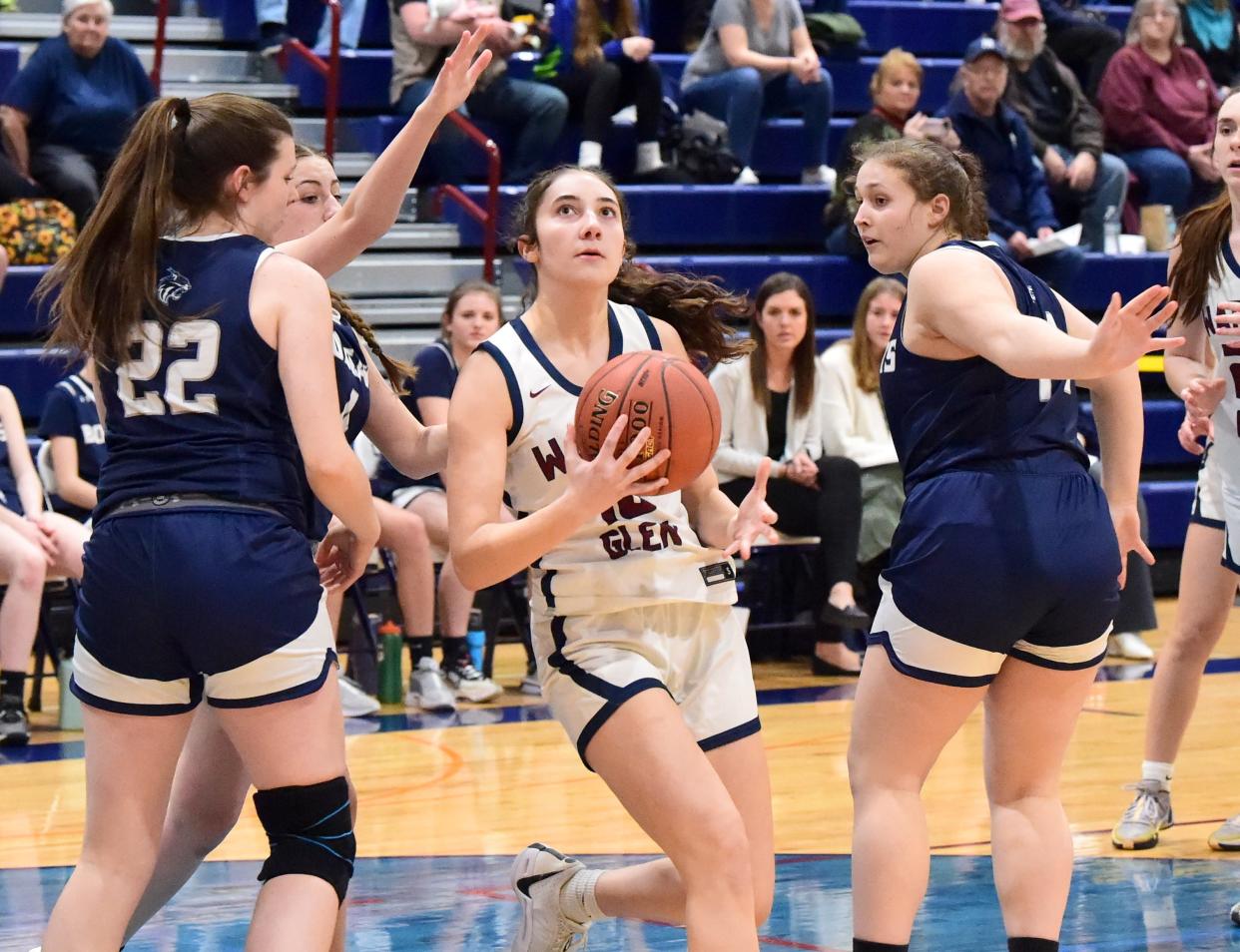 Watkins Glen's Rachel Vickio drives to the basket during a 42-20 win over Bainbridge-Guilford in a Section 4 Class C girls basketball quarterfinal Feb. 23, 2024 at Watkins Glen High School.