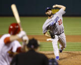 Los Angeles Dodgers starting pitcher Clayton Kershaw throws during the fourth inning of a baseball game against the St. Louis Cardinals, Thursday, Sept. 13, 2018, in St. Louis. (AP Photo/Billy Hurst)