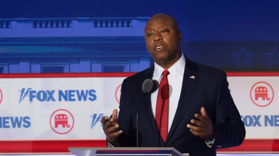 MILWAUKEE, WISCONSIN – AUGUST 23: Republican presidential candidate, U.S. Sen. Tim Scott (R-SC) speaks during the first debate of the GOP primary season hosted by FOX News at the Fiserv Forum on August 23, 2023 in Milwaukee, Wisconsin. Eight presidential hopefuls squared off in the first Republican debate as former U.S. President Donald Trump, currently facing indictments in four locations, declined to participate in the event. (Photo by Win McNamee/Getty Images)