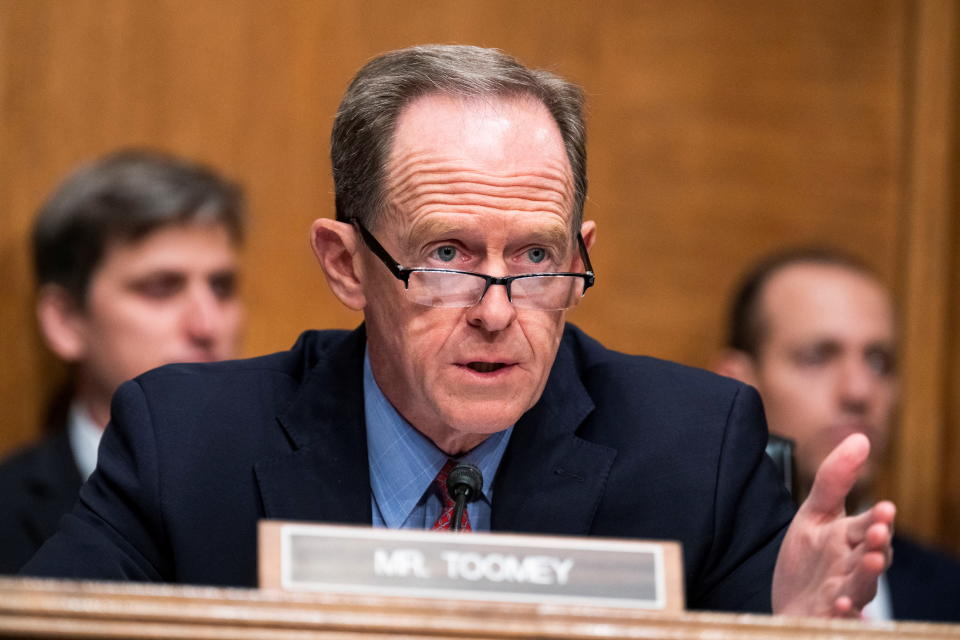 Ranking member Senator Pat Toomey, questions Treasury Secretary Janet Yellen during the Senate Banking, Housing, and Urban Affairs Committee hearing titled “The Financial Stability Oversight Council Annual Report to Congress,” in Dirksen Senate Office Building in Washington, D.C.,U.S., May 10, 2022. Tom Williams/Pool via REUTERS