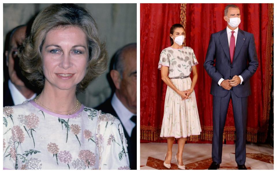 COMPOSITE: Royal florals, on Queen Letizia in 2021 and Queen Sofia in 1981 - Getty Images