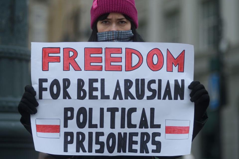 A person holds a poster advocating for the release of Belarusian political prisoners at a rally in Vilnius, Lithuania, on Jan. 28, 2024. (Yerchak Yauhen/SOPA Images/LightRocket via Getty Images)