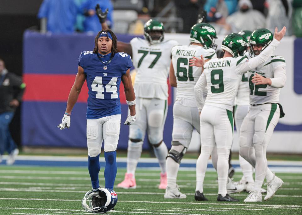 Oct 29, 2023; East Rutherford, New Jersey, USA; New York Giants cornerback Nick McCloud (44) reacts after New York Jets place kicker Greg Zuerlein (9) kicks the game winning field goal in overtime at MetLife Stadium. Mandatory Credit: Vincent Carchietta-USA TODAY Sports