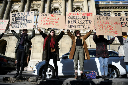 People protest outside the Hungarian Academy of Sciences against government plans to weaken the institution in Budapest, Hungary, February 12, 2019. REUTERS/Tamas Kaszas