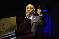 Rev. Al Sharpton eulogies Daunte Wright during funeral services at Shiloh Temple International Ministries in Minneapolis, Thursday, April 22, 2021. Wright, 20, was fatally shot by a Brooklyn Center, Minn., police officer during a traffic stop. (AP Photo/John Minchillo, Pool)