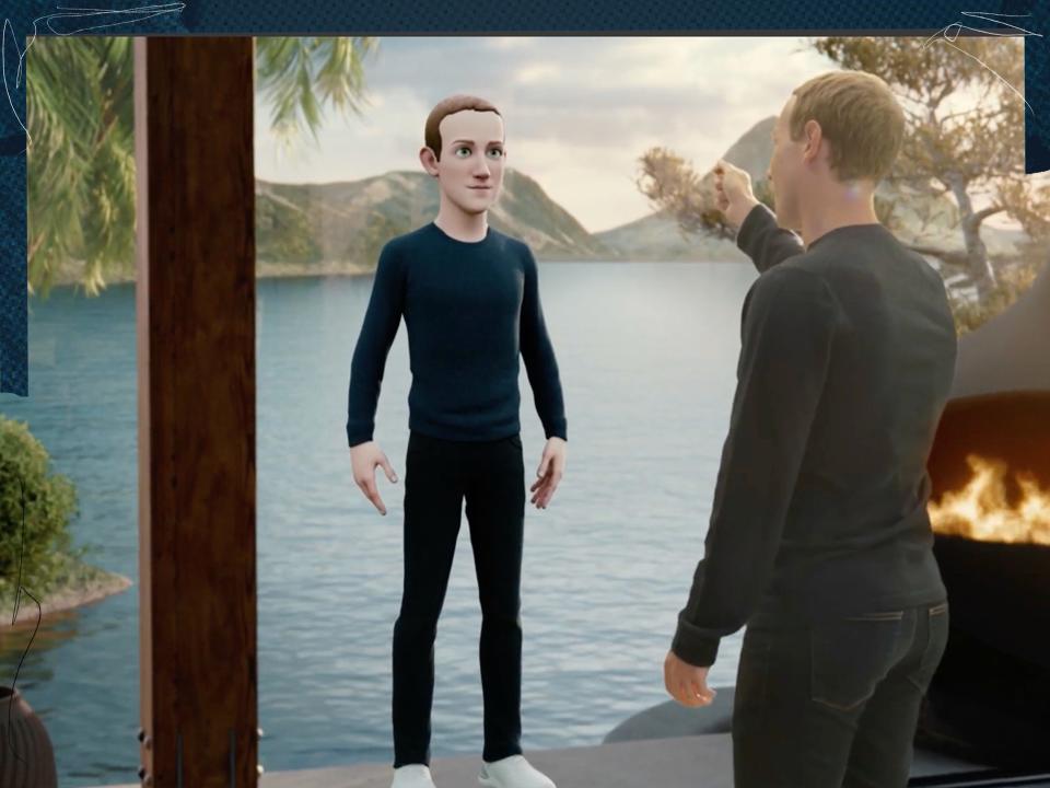 Mark Zuckerberg's meta avatar speaks with another avatar at a lakeside home in a rendering of the metaverse.