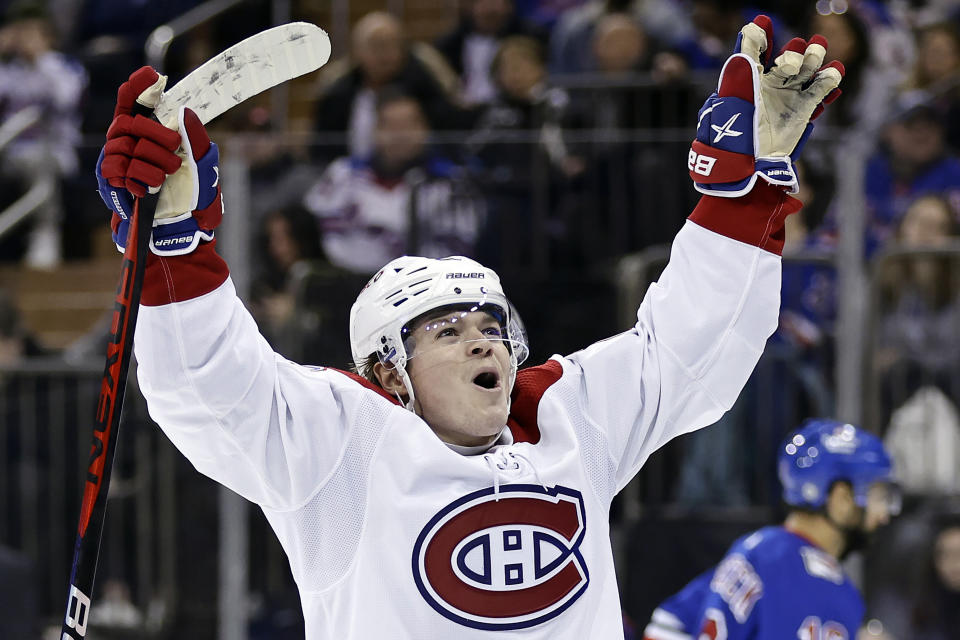 Montreal Canadiens right wing Cole Caufield reacts after scoring a goal against the New York Rangers in the third period of an NHL hockey game Sunday, Jan. 15, 2023, in New York. (AP Photo/Adam Hunger)