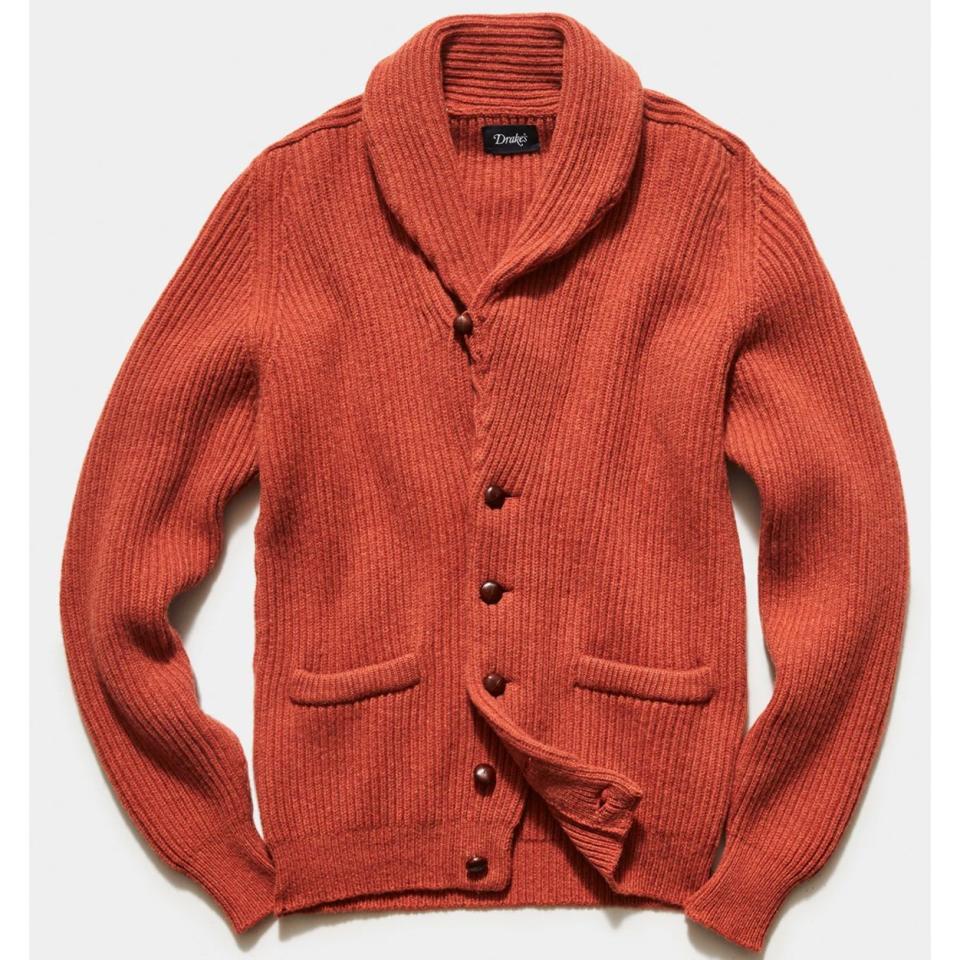 TS x Drake's Lambswool Shawl Collar Cardigan in Orange