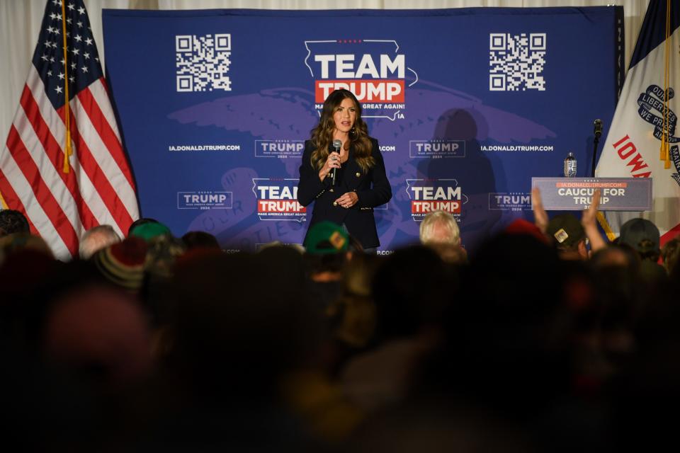 Gov. Kristi Noem speaks about the caucus in support of Donald Trump on Wednesday, Jan. 3, 2024 at County Celebrations Center in Sioux City, Iowa.