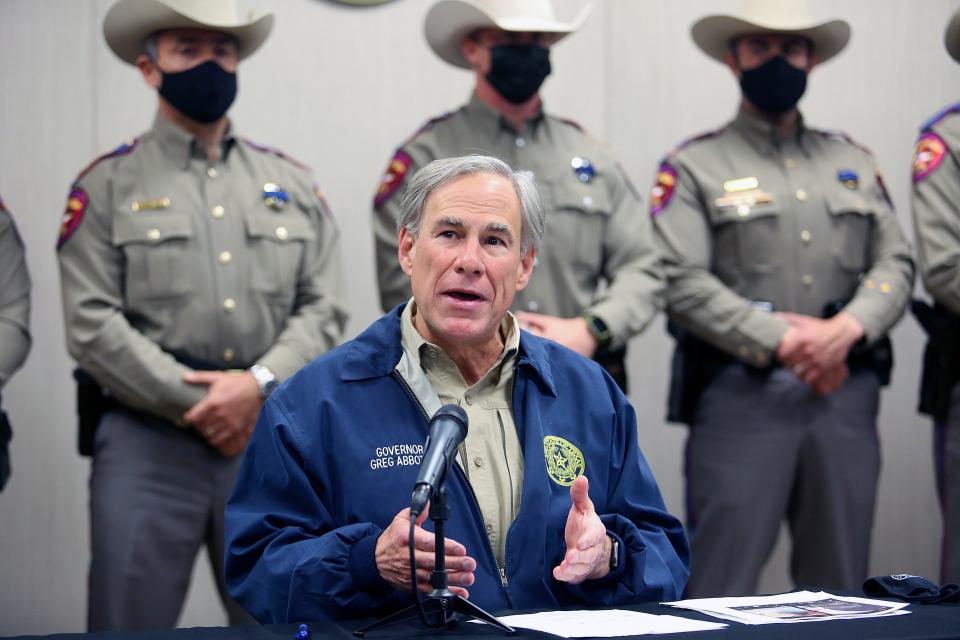 Texas Gov. Greg Abbott speaks at an April 1 news conference in Weslaco, Texas.