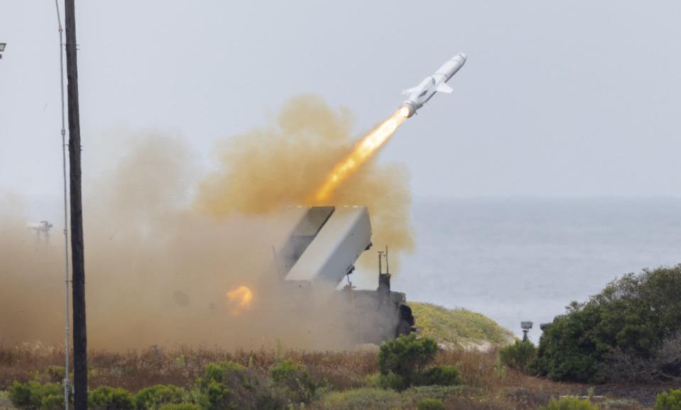 A US Marine Corps ground-based Navy Marine Expeditionary Ship Interdiction System (NMESIS) fires an NSM during a test. <em>USMC</em>