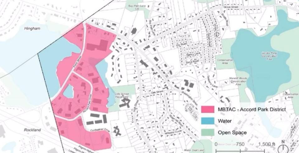 The MBTA multifamily housing zoning overlay district proposed at Norwell's May 2024 town meeting centers along Accord Park Drive and Pond Street, between Pilgrim Highway and Route 53.