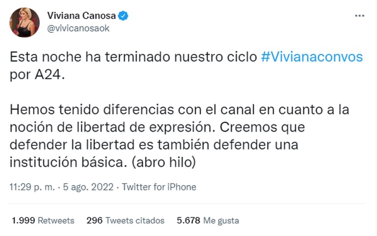 Viviana Canosa utilizó sus redes sociales para dar a conocer su desvinculación de A24