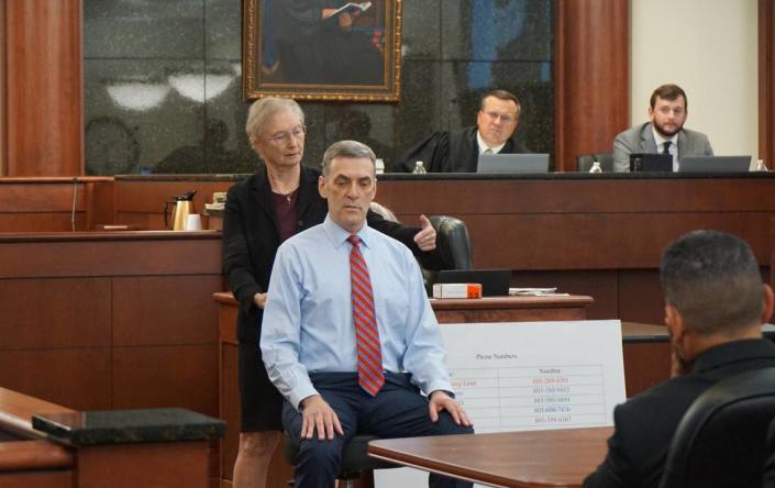 Pathologist Dr. Janice Ross demontrates the trajectory of the bullets that killed Arturo Bravo Santos on 11th Circuit Solicitor Rick Hubbard on June 23, 2023 inside of the Lexington County courthouse. Ted Clifford/Ted Clifford