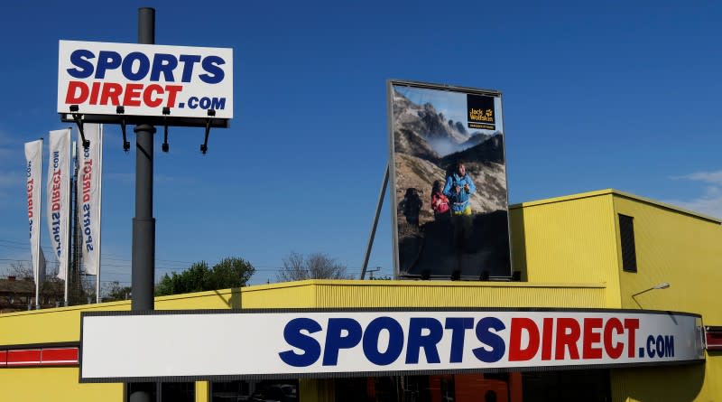 Company logos are seen outside a Sports Direct store in Vienna, Austria, April 28, 2016. REUTERS/Leonhard Foeger