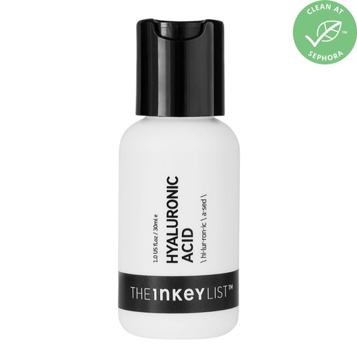 White mini bottle of The Inkey List Hyaluronic Acid, $12 with black lid and label