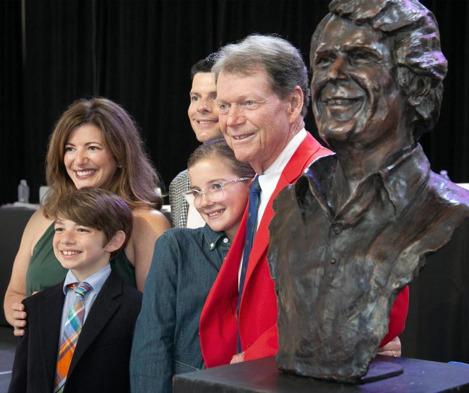 Tom Watson posed with his family during the Missouri Sports Hall of Fame enshrinement ceremony Sunday, May 19, 2024, at Union Station. With Watson are his daughter Meg Watson Carr, his son Michael Watson and his grandchildren Willa Watson, 10, and Marshall Carr, 9.