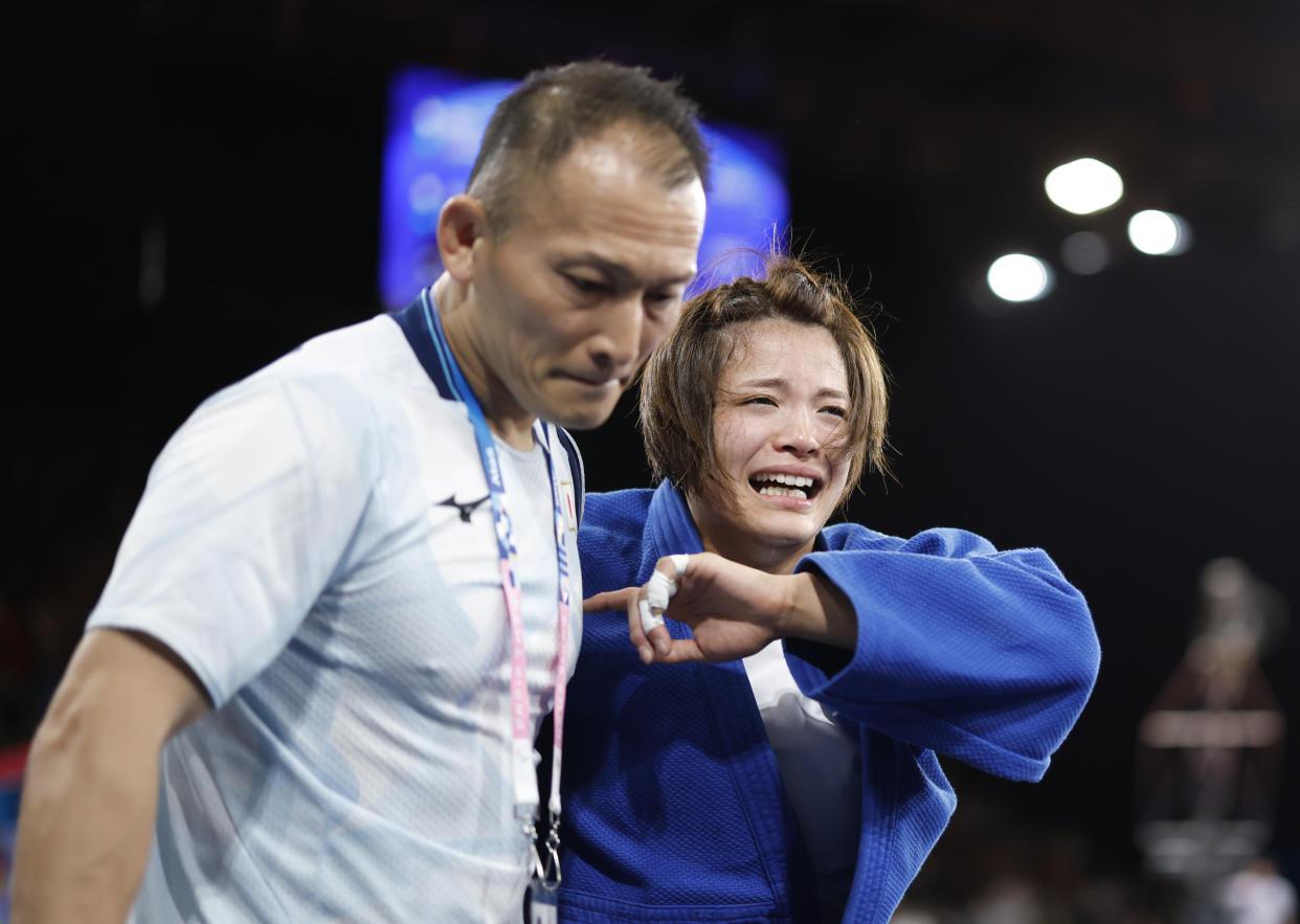 Uta Abe reacciona desconsolada al ser derrotada por la Diyora Keldiyorova  | Foto: Yukihito Taguchi-USA TODAY Sports
