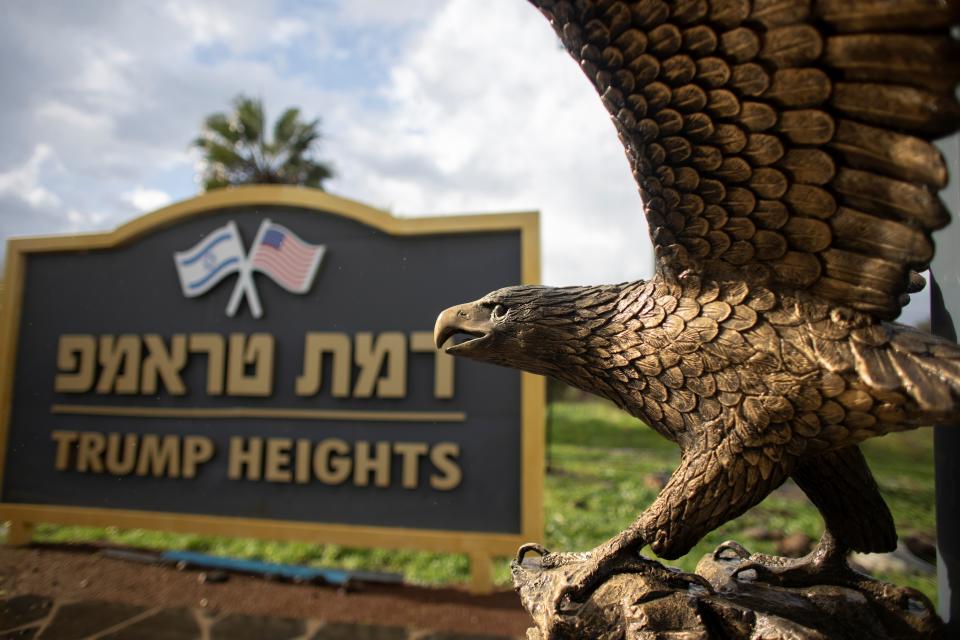 A sign in Trump Heights, a community named after former U.S. President Donald Trump, in the Israeli-occupied Golan Heights. (RONEN ZVULUN / Reuters)