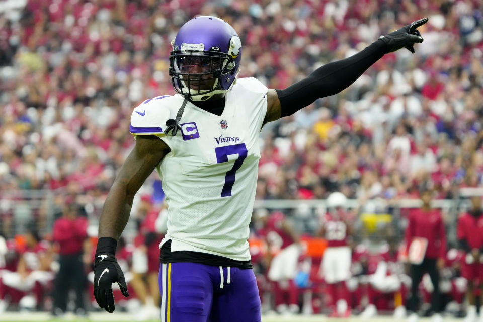 Minnesota Vikings cornerback Patrick Peterson (7) motions during the first half of an NFL football game against the Arizona Cardinals, Sunday, Sept. 19, 2021, in Glendale, Ariz. (AP Photo/Rick Scuteri)