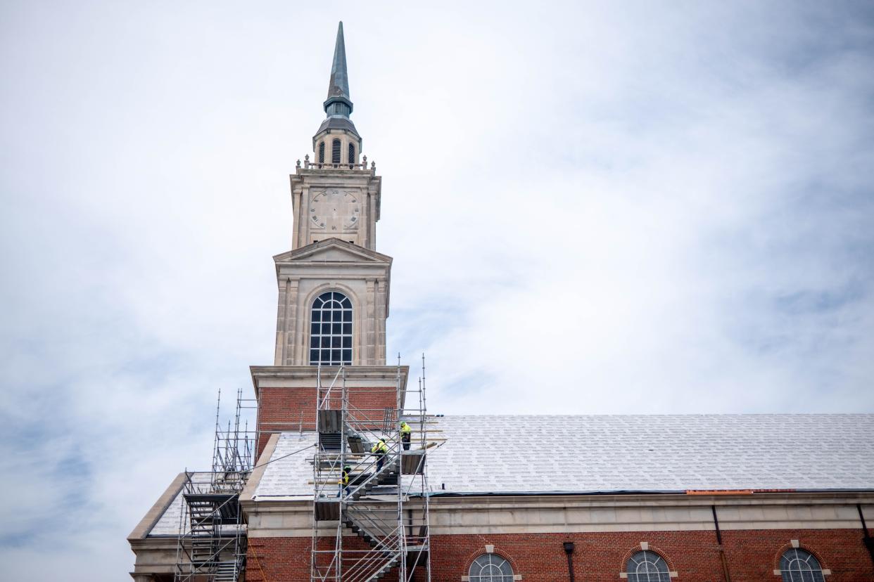 Work continues on Raley Chapel, pictured one year after a storm that heavily damaged the iconic house of worship at Oklahoma Baptist University in Shawnee.