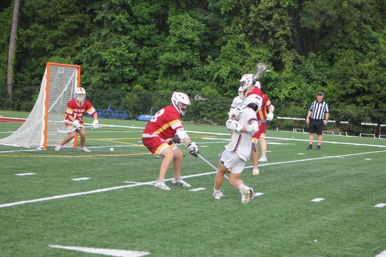 Benedictine's Calvin Rose lets loose with the game winning goal in the second overtime of BC's playoff victory over Holy Innocents on April 24, 2024.