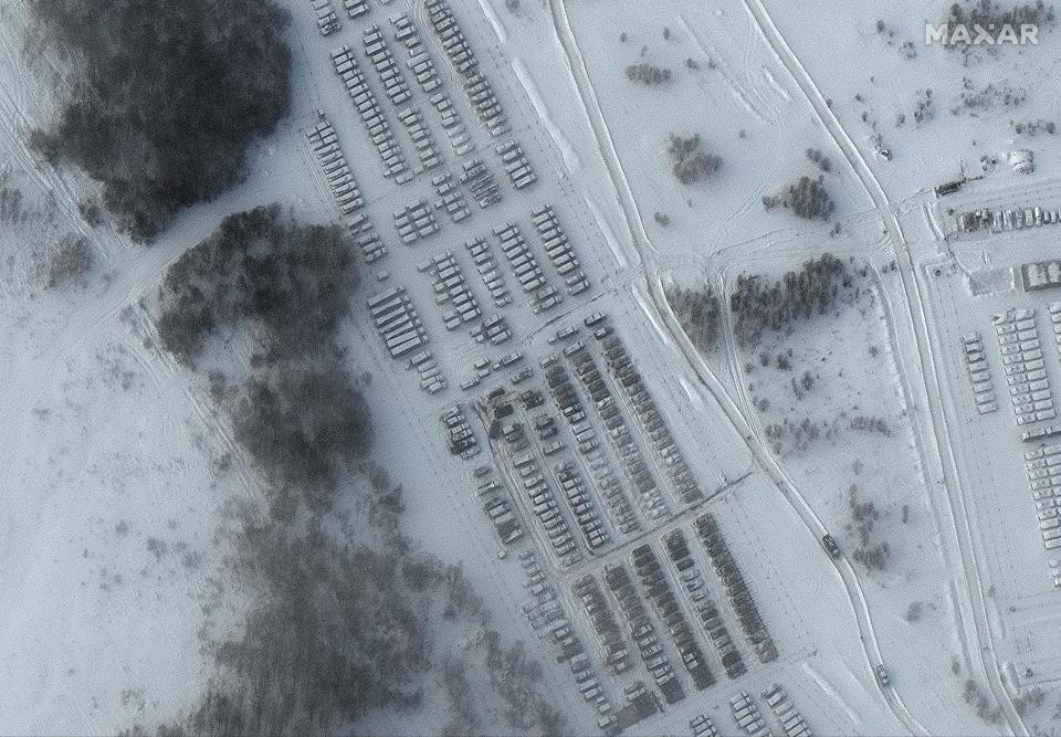 Overview of tanks, artillery, and tents in Yelyna, Russia, which is about 80 miles east of Belarus, on Jan. 19, 2022.