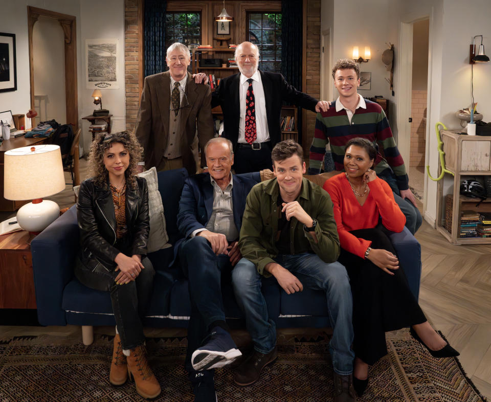 From top, left to right: BTS of Nicholas Lyndhurst, director James Burrows, Anders Keith,  Jess Salgueiro, Kelsey Grammer, Jack Cutmore-Scott and Toks Olagundoye on the set of Frasier, episode 1, season 1 streaming on Paramount+, 2023.     Photo credit: Chris Haston/Paramount+