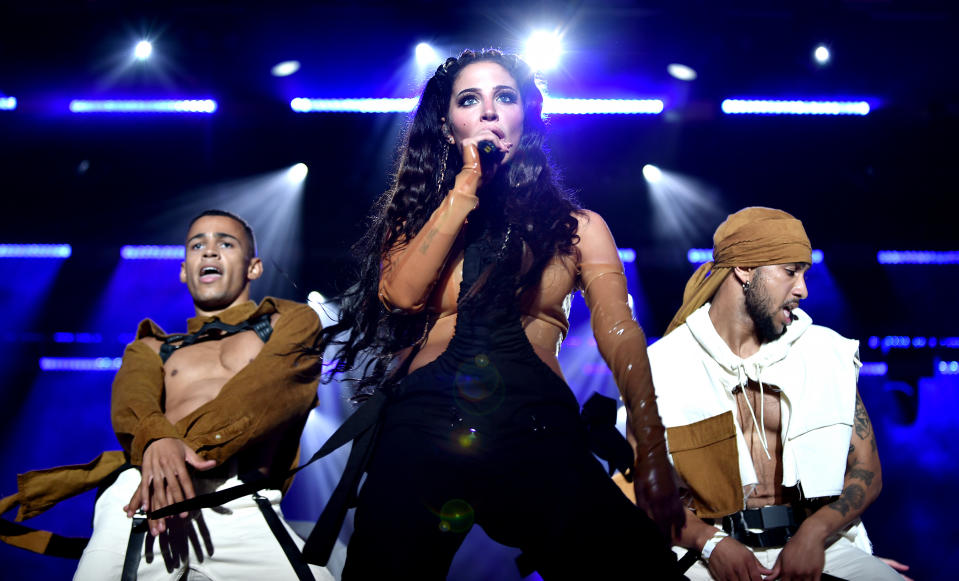 MANCHESTER, ENGLAND - AUGUST 25: Tulisa performs during Manchester Pride 2019 on August 25, 2019 in Manchester, England. (Photo by Shirlaine Forrest/Getty Images)