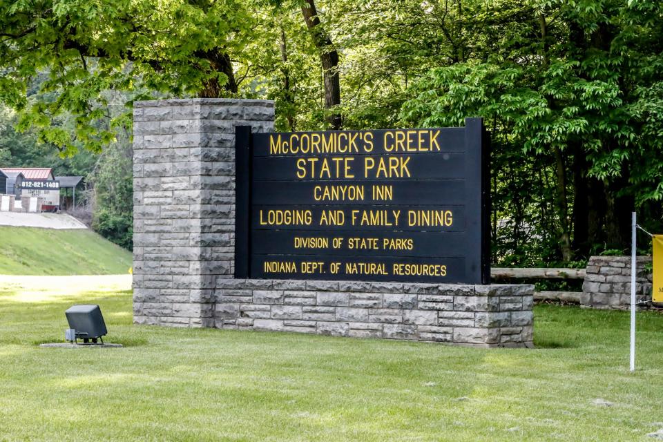 A sign welcomes visitors to McCormick's Creek State Park in Spencer.