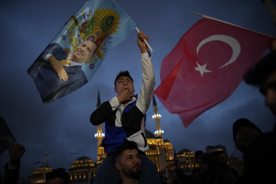 FILE - Supporters of the President Recep Tayyip Erdogan celebrate in Istanbul, Turkey, Sunday, May 28, 2023. Turkish President Recep Tayyip Erdogan has dissipated a challenge by an opponent who sought to reverse his increasingly authoritarian leanings, securing five more years to oversee the country at the crossroads of Europe and Asia that plays a key role in NATO. (AP Photo/Emrah Gurel, File)