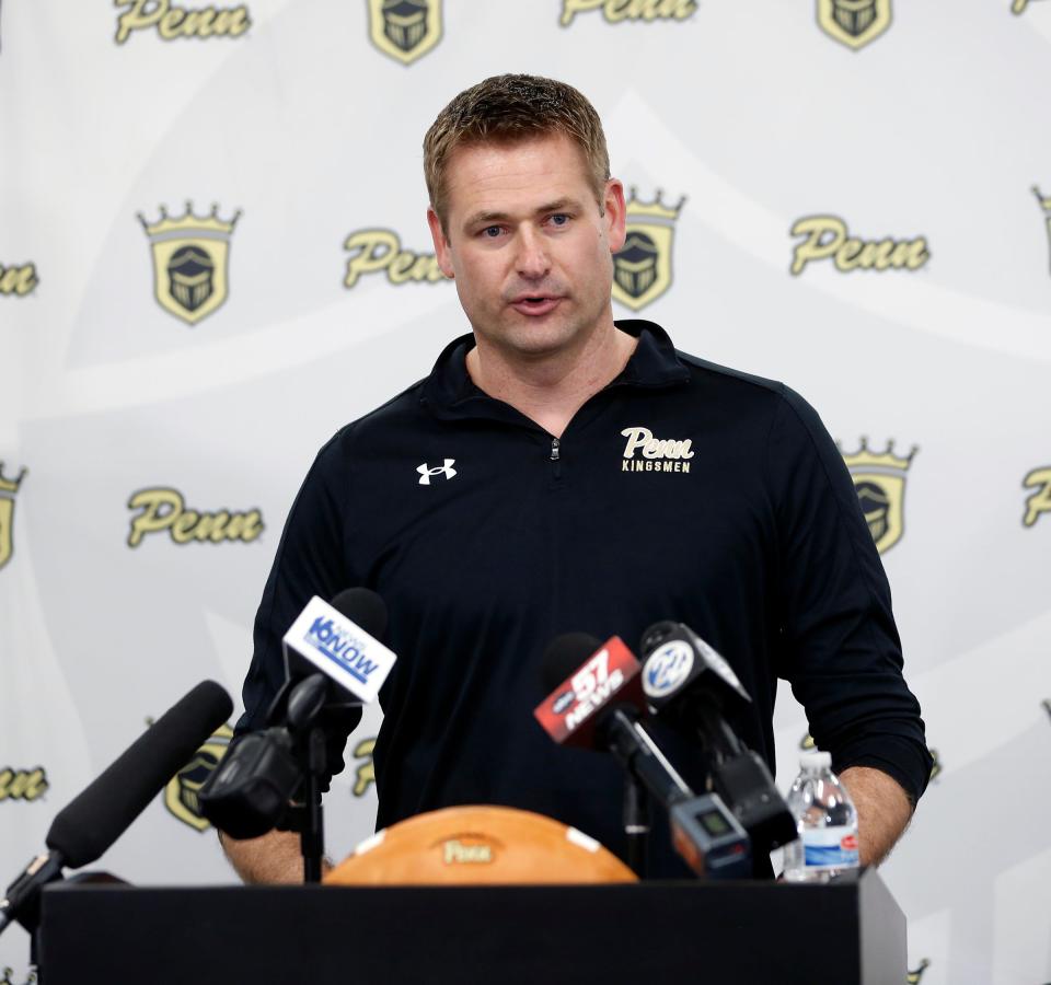 Pete Riordan speaks at a press conference introducing himself as the new Penn football head coach Wednesday, March 20, 2024, at Penn High School in Mishawaka.