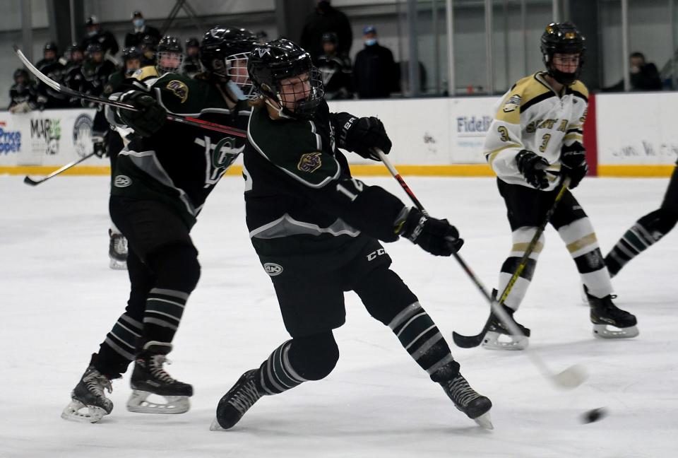 Grafton's Nick Viens unleashes a slap shot during Wednesday's game against St. Paul.