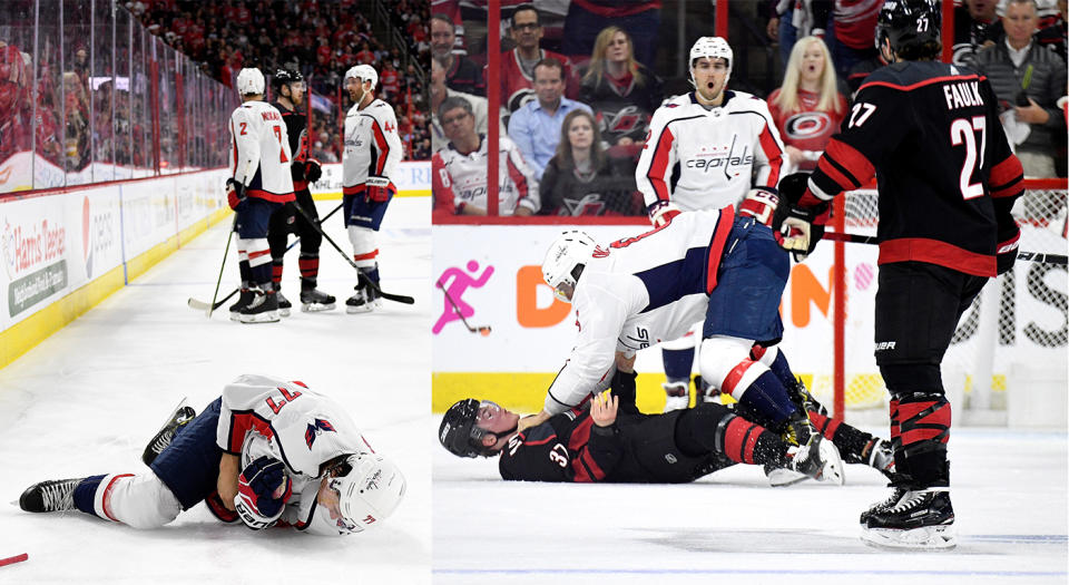 T.J. Oshie and Andrei Svechnikov have both sustained serious injuries in the Capitals-Hurricanes series. (Getty Images)