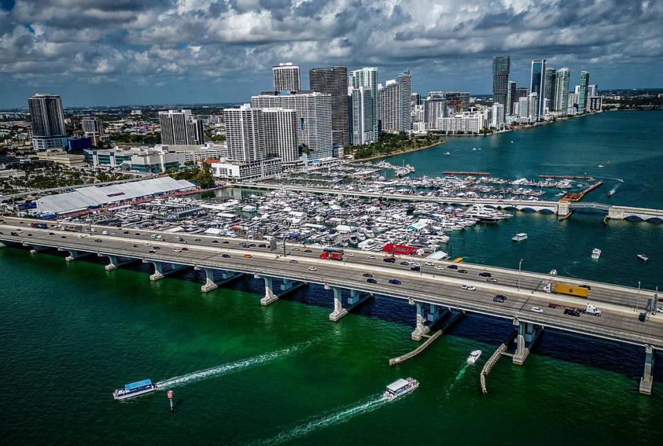 View of the MacArthur Causeway and part of the coastline of downtown Miami, on Feb. 16, 2023.