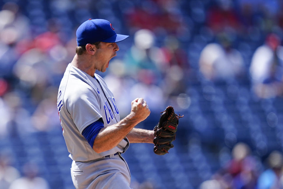 Chicago Cubs pitcher David Robertson reacts after a baseball game against the Philadelphia Phillies, Sunday, July 24, 2022, in Philadelphia. (AP Photo/Matt Rourke)