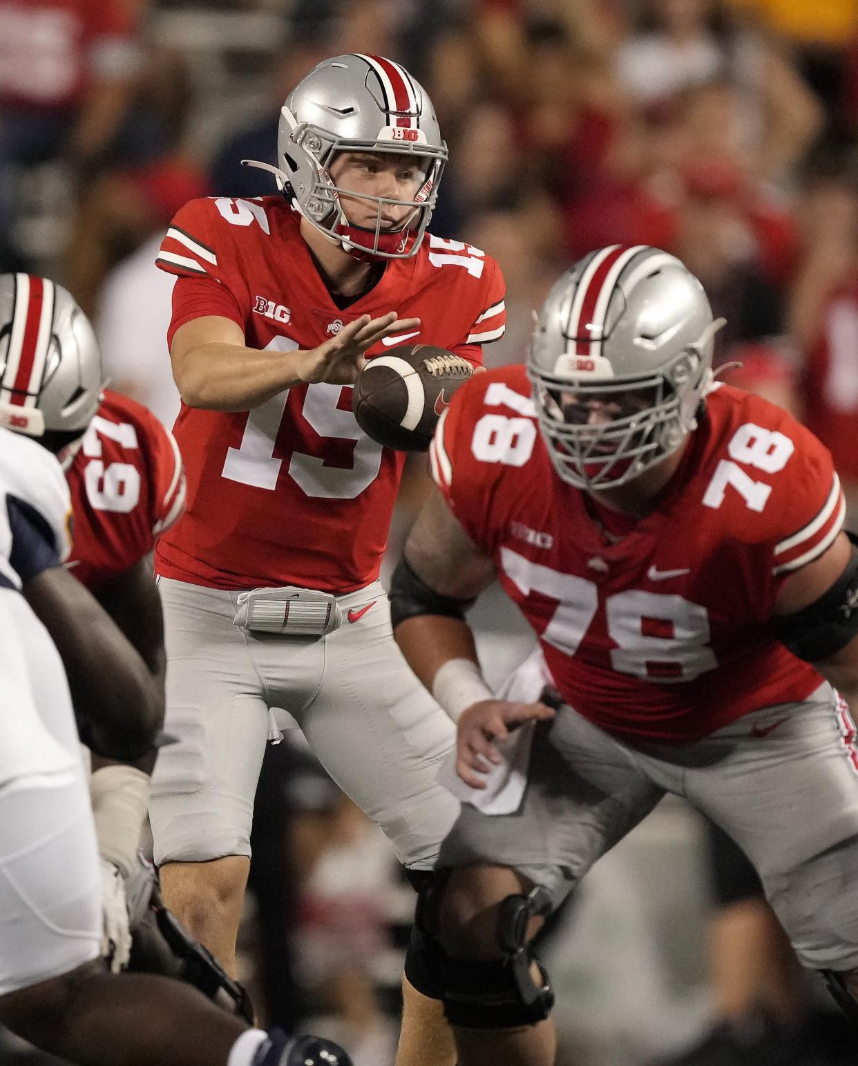 Sep 17, 2022; Columbus, Ohio, USA; Ohio State Buckeyes quarterback Devin Brown (15) takes a snap during Saturday's NCAA Division I football game against the Toledo Rockets at Ohio Stadium. Mandatory Credit: Barbara Perenic/Columbus Dispatch