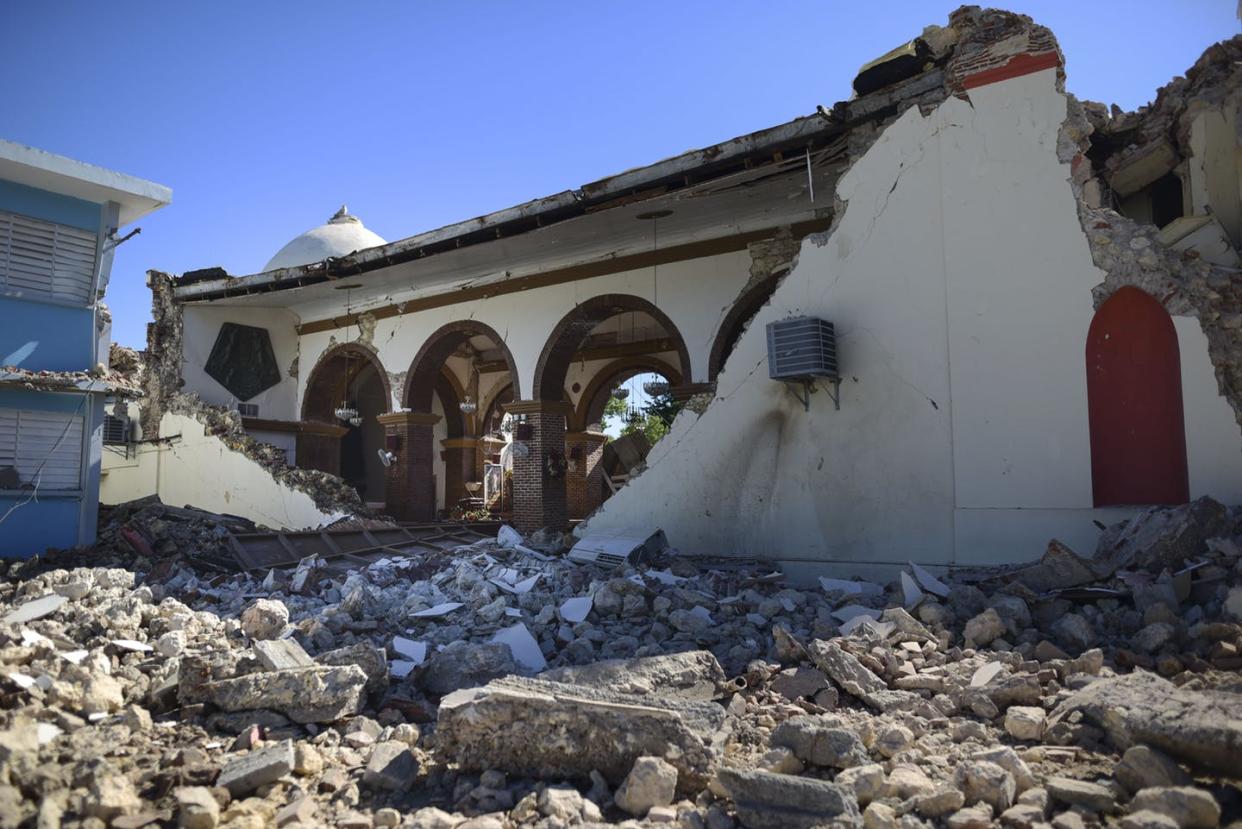 <span class="caption">The Immaculate Conception Catholic Church lies in ruins after a magnitude 6.4 earthquake in Guayanilla, Puerto Rico, Jan. 7, 2020. </span> <span class="attribution"><a class="link " href="http://www.apimages.com/metadata/Index/Puerto-Rico-Earthquake/b8ba115143d140a393a5e19c164eb057/102/0" rel="nofollow noopener" target="_blank" data-ylk="slk:AP Photo/Carlos Giusti;elm:context_link;itc:0;sec:content-canvas">AP Photo/Carlos Giusti</a></span>