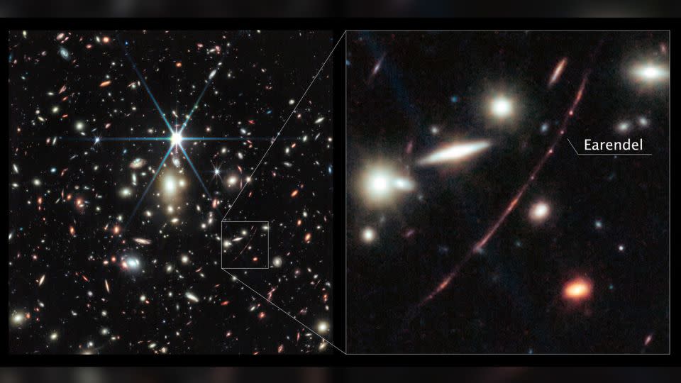 This Webb image shows a massive galaxy cluster called WHL0137-08, and at the right, an inset of the most strongly magnified galaxy known in the universe’s first billion years called the Sunrise Arc. - NASA/ESA/CSA