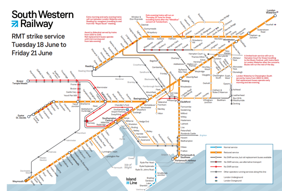 Thousands of people in the south of England are facing travel chaos this week as a five-day train strike gets under way today.Members of the Rail, Maritime and Transport union (RMT) on South Western Railway (SWR) are walking out for the week, affecting all services except for trains on the Isle of Wight.Services on some of the busiest routes in England face disruption which is set to spark misery for those attending the Royal Ascot and Hampton Court Palace Music Festival.The strike action is to hit services including busy routes into London Waterloo, however the SWR has provided rail replacement services on buses and other rail networks as well as running additional services.Here are additional services running for Tuesday June 18 after SWR released a full strike timetable for this week. Additional services for Tuesday June 18• 05:43 Southampton Airport Parkway to London Waterloo calling at Eastleigh (05:50), Shawford (05:56), Winchester (06:02), Micheldever (06:10), Basingstoke (06:23) and London Waterloo (07:31)• 06:42 Southampton Central to London Waterloo calling at Southampton Airport Parkway (06:49), Eastleigh (06:53), Winchester (07:03), Micheldever (07:11), Basingstoke (07:22) and London Waterloo (08:02)• 07:39 London Waterloo to Southampton Central calling at Clapham Junction (07:45), Farnborough Main (08:13), Basingstoke 08:33), Micheldever (08:44), Winchester (08:54), Eastleigh (09:03), Southampton Airport Parkway (09:07) and Southampton Central (09:14)• 16:14 Eastleigh to London Waterloo calling at Winchester (16:23), Micheldever (16:31), Basingstoke (16:43), Fleet (16:54), Farnborough Main (17:00), Clapham Junction (17:26) and London Waterloo (17:38)• 18:39 London Waterloo to Southampton Central calling at Clapham Junction (18:46), Woking (19:06), Basingstoke (19:30), Micheldever (19:39), Winchester (19:49), Eastleigh(19:58), Southampton Airport Parkway (20:03) and Southampton Central (20:10)• 05:57 Bournemouth to London Waterloo calling at Brockenhurst (06:14), Southampton Central (06:30), Southampton Airport Parkway (06:38), Winchester (06:48), Basingstoke (07:05) and London Waterloo (07:48)• 08:35 London Waterloo to Bournemouth calling at Woking (09:00), Basingstoke (09:20), Winchester (09:35), Southampton Airport Parkway (09:44), Southampton Central (09:53), Brockenhurst (10:07), Bournemouth (10:22)• 17:35 London Waterloo to Poole calling at Basingstoke (18:18), Micheldever (18:27), Winchester (18:37), Eastleigh (18:46), Southampton Airport Parkway (18:49), Southampton Central (19:01), Totton(19:07), Ashurst New Forest (19:12), Brockenhurst (19:21), Sway (19:25), New Milton (19:30), Hinton Admiral (19:34), Christchurch (19:39), Pokesdown (19:44), Bournemouth (19:49), Branksome (19:54), Parkstone (19:57), and Poole (20:01) • 06:15 Portsmouth Harbour to London Waterloo calling at Portsmouth and Southsea (06:20), Fratton(06:24), Havant (06:34), Petersfield (06:48), Haslemere (07:02), Guildford (07:18), Woking (07:26) and London Waterloo (07:56)• 06:43 Portsmouth Harbour to London Waterloo calling at Portsmouth and Southsea (06:47), Fratton(06:51), Havant (07:01), Petersfield (07:16), Haslemere (07:30), Guildford (07:48), Woking (07:58) and London Waterloo (08:24) • 08:08 Portsmouth Harbour to London Waterloo calling at Portsmouth and Southsea (08:13), Fratton (08:17), Havant (08:27), Petersfield (08:27), Haslemere (09:02), Godalming (09:12), Guildford (09:19), Woking (09:28) and London Waterloo (09:55) • 08:30 London Waterloo to Portsmouth Harbour calling at Woking (08:55), Guildford (09:04), Godalming (09:11), Haslemere (09:25), Petersfield (09:36), Havant (09:51), Fratton (10:01), Portsmouth and Southsea (10:05) and Portsmouth Harbour (10:08) • 10:05 London Waterloo to Portsmouth Harbour calling at Woking (10:30), Guildford (10:39), Haslemere (10:53), Petersfield (11:04), Havant (11:18), Fratton(11:27), Portsmouth and Southsea (11:31) and Portsmouth Harbour (11:35)• 11:08 Portsmouth Harbour to London Waterloo calling at Portsmouth and Southsea (11:13), Fratton (11:17), Havant (11:27), Petersfield (11:41), Haslemere (12:02), Godalming (12:11), Guildford (12:19), Woking (12:27) and London Waterloo (12:54) • 13:05 London Waterloo to Portsmouth Harbour calling at Woking (13:30), Guildford (13:39), Haslemere (13:53), Petersfield (14:04), Havant (14:18), Fratton (14:27), Portsmouth and Southsea (14:31) and Portsmouth Harbour (14:35) • 14:08 Portsmouth Harbour to London Waterloo calling at Portsmouth and Southsea (14:13), Fratton (14:17), Havant (14:27), Petersfield (14:41), Haslemere (15:02), Godalming (15:19), Guildford (15:19), Woking (15:28) and London Waterloo (15:55)• 15:08 Portsmouth Harbour to London Waterloo calling at Portsmouth and Southsea (15:13), Fratton(15:17), Havant (15:27), Petersfield (15:41), Haslemere (16:02), Godalming (16:11), Guildford (16:19), Woking (16:27) and London Waterloo (16:54) • 16:05 London Waterloo to Portsmouth Harbour calling at Woking (16:30), Guildford (16:39), Haslemere (16:53), Petersfield (17:04), Havant (17:18), Fratton (17:27), Portsmouth and Southsea (17:31) and Portsmouth Harbour (17:35)• 17:05 London Waterloo to Portsmouth Harbour calling at Guildford (17:38), Godalming (17:46), Haslemere (17:58), Petersfield (18:14), Havant (18:31), Fratton (18:43), Portsmouth and Southsea (18:49) and Portsmouth Harbour (18:52)• 18:05 London Waterloo to Portsmouth Harbour calling at Guildford (18:38), Haslemere (18:58), Petersfield (19:14), Havant (19:31), Fratton(19:43), Portsmouth and Southsea (19:49) and Portsmouth Harbour (19:52) • 05:50 Basingstoke to London Waterloo calling at Hook (05:57), Winchfield (06:01), Fleet (06:06), Farnborough Main (06:12), Brookwood (06:19), Woking (06:26), Surbiton(06:41), Wimbledon (06:47), Clapham Junction (06:54) and London Waterloo (07:04)• 06:12 Alton to London Waterloo calling at Bentley (06:19), Farnham (06:26), Aldershot (06:32), Ash Vale (06:37), Brookwood (06:44), Woking (06:50), Clapham Junction (07:11) and London Waterloo (07:20)• 06:44 Alton to London Waterloo calling at Bentley (06:51), Farnham (06:58), Aldershot (07:04), Ash Vale (07:09), Brookwood (07:16), Woking (07:23) and London Waterloo (07:51)• 07:12 London Waterloo to Woking (07:37) - non-stop • 07:24 Basingstoke to London Waterloo calling at Hook (07:31), Winchfield (07:35), Fleet (07:40), Farnborough Main (07:46), Brookwood (07:53), Woking (07:59) and London Waterloo (08:29)• 07:25 London Waterloo to Woking (07:53) - non-stop• 07:47 Woking to London Waterloo calling at West Byfleet (07:54), Byfleet and New Haw (07:57), Weybridge (08:01), Walton-on-Thames (08:06), Hersham (08:09), Esher (08:13), Surbiton (08:19) and London Waterloo (08:36) • 08:00 Woking to London Waterloo calling at Surbiton (08:12) and London Waterloo (08:27) • 08:12 London Waterloo to Farnham calling at Surbiton (08:31), Walton-on-Thames (08:37), Weybridge (08:41), Woking (08:49), Brookwood (08:55), Ash Vale (09:03), Aldershot (09:09), Farnham (09:14)• 08:42 London Waterloo to Farnham calling at Surbiton (09:01), Walton-on-Thames (09:07), Weybridge (09:11), Woking (09:19), Brookwood (09:25), Ash Vale (09:33), Aldershot (09:39) and Farnham (09:44)• 08:53 London Waterloo to Basingstoke calling at Woking (09:23), Brookwood (09:29), Farnborough Main (09:37), Fleet (09:42), Winchfield (09:48), Hook (09:52) and Basingstoke (10:02)• 16:58 Farnham to London Waterloo calling at Aldershot (17:04), Ash Vale (17:09), Brookwood (17:16), Woking (17:22), West Byfleet (17:27), Surbiton (17:38), Clapham Junction (17:50) and London Waterloo (17:59)• 17:11 London Waterloo to Basingstoke calling at Woking (17:37), Brookwood (17:43), Farnborough Main (17:51), Fleet (17:56), Winchfield (18:02), Hook (18:06) and Basingstoke (18:16)• 18:12 London Waterloo to Basingstoke calling at Brookwood (18:41), Farnborough Main (18:48), Fleet (18:54), Winchfield (18:59), Hook (19:04) and Basingstoke (19:18)• 18:20 Basingstoke to London Waterloo calling at Woking (18:41) and London Waterloo (19:09)• 18:25 London Waterloo to Alton calling at Clapham Junction (18:33), Woking (18:53), Ash Vale (19:05), Aldershot (19:10), Farnham (19:17), Bentley (19:24) and Alton (19:31)• 19:24 Basingstoke to London Waterloo calling at Hook (19:31), Winchfield (19:35), Fleet (19:40), Farnborough Main (19:46), Brookwood (19:53), Woking (19:59), Weybridge (20:06), Walton-on-Thames (20:10), Surbiton (20:16) and London Waterloo (20:36)• 19:25 London Waterloo to Basingstoke calling at Clapham Junction (19:33), West Byfleet (19:51), Woking (20:00), Brookwood (20:06), Farnborough Main (20:14), Fleet (20:19), Winchfield (20:25), Hook (20:29) and Basingstoke (20:39)• 21:12 London Waterloo to Basingstoke calling at Clapham Junction (21:19), Surbiton(21:30), Walton-on-Thames (21:37), Weybridge (21:41), Woking (21:49), Brookwood (21:55), Farnborough Main (22:03), Fleet (22:08), Winchfield (22:14), Hook (22:18) and Basingstoke (22:28)