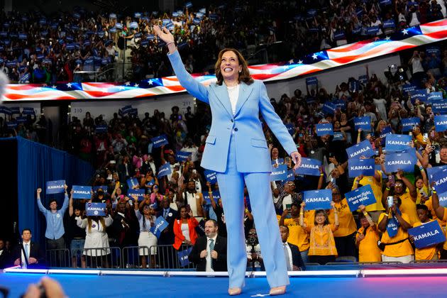 Vice President Kamala Harris waves during a campaign rally on Tuesday in Atlanta, Georgia.