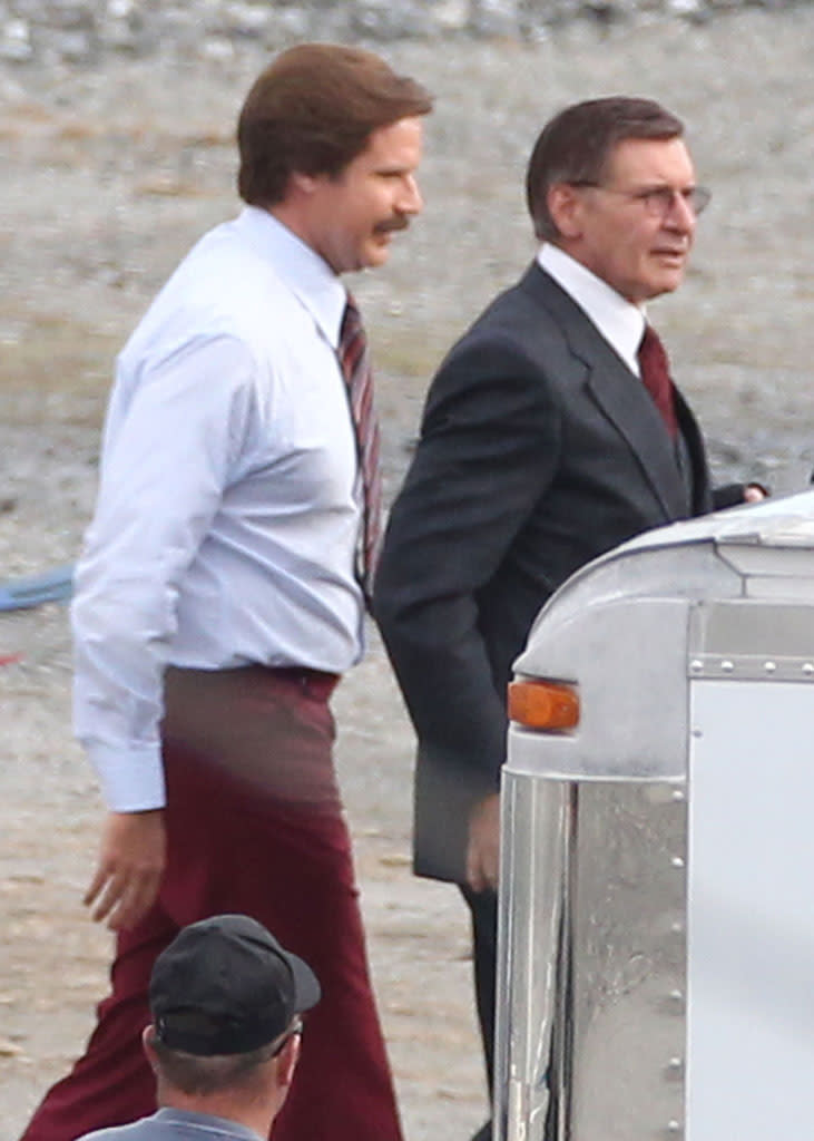 Harrison Ford is seen joining Will Ferrell on the set of the highly anticipated sequel, 'Anchorman: The Legend Continues'.