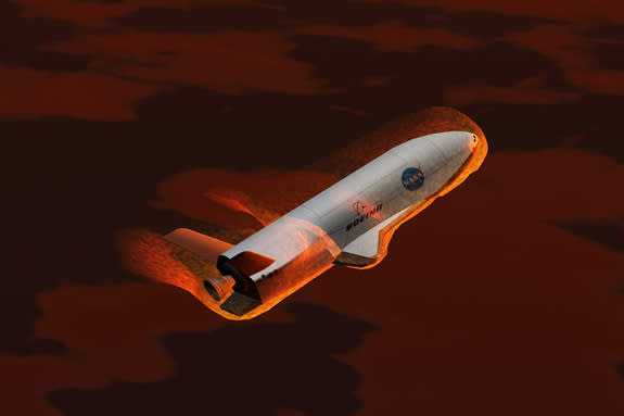 An artist's illustration of the unmanned X-37B space plane during re-entry.