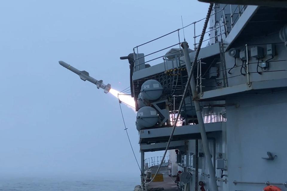 HMS Westminster firing Harpoon missiles at ex-USS Boone (MoD/Crown Copyright/PA) (PA Media)