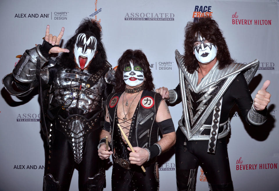 Gene Simmons, left, Eric Singer, and Tommy Thayer of KISS at the 23rd Annual Race to Erase MS Gala at the Beverly Hilton Hotel on April 15, 2016. (Photo: Charley Gallay/Getty Images for Race To Erase MS)