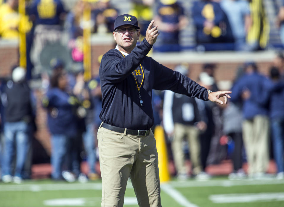If there’s not an episode of the series devoted to Jim Harbaugh’s pants choices it will have been a waste. (Getty)