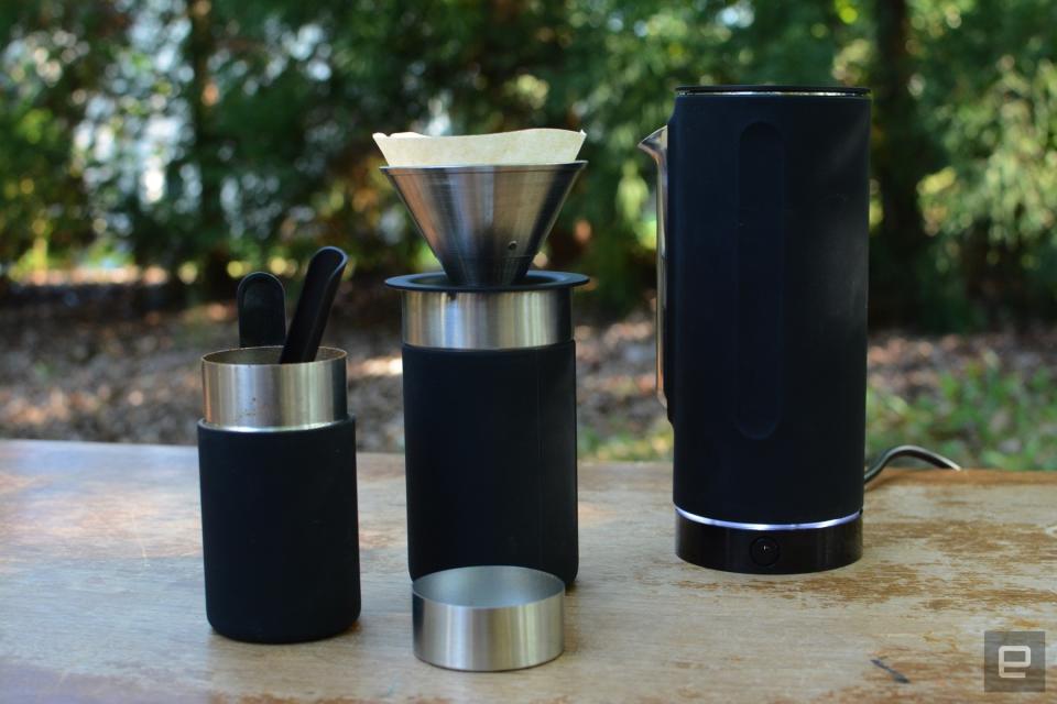 A nearly all-in-one travel kit for pour-over coffee.