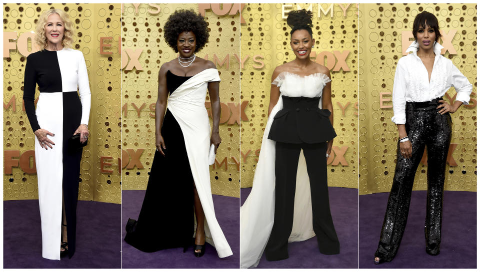 This combination photo shows, from left, Catherine O'Hara, from "Schitt's Creek," presenter Viola Davis, from "How to Get Away With Murder," Melanie Liburd, from "This Is Us," and presenter Kerry Washington at the 71st Primetime Emmy Awards in Los Angeles on Sept. 22, 2019. (AP Photo)