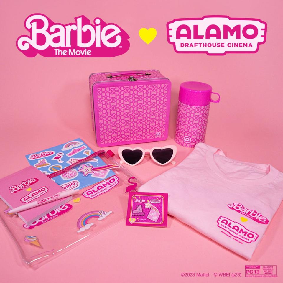 Alamo Drafthouse Cinema is offering a line of "Barbie" merchandise, including t-shirts, a stationary set with a pencil bag, notepad, stickers and pen, enamel pens, the heart-shaped sunglasses available at the party screening and a lunchbox and thermos set.